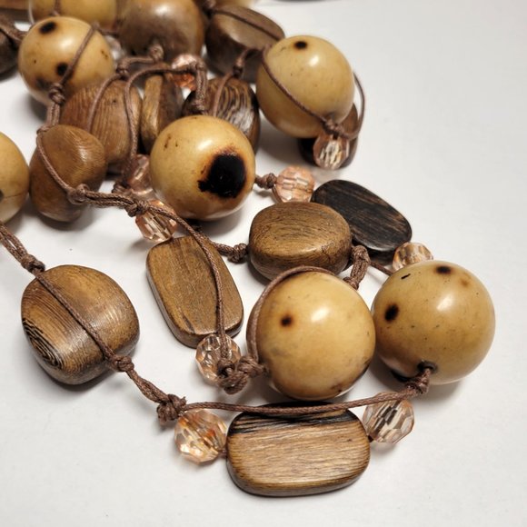 Large Wood Inspired Earthtone Beaded Long Statement Necklace - Picture 9 of 10